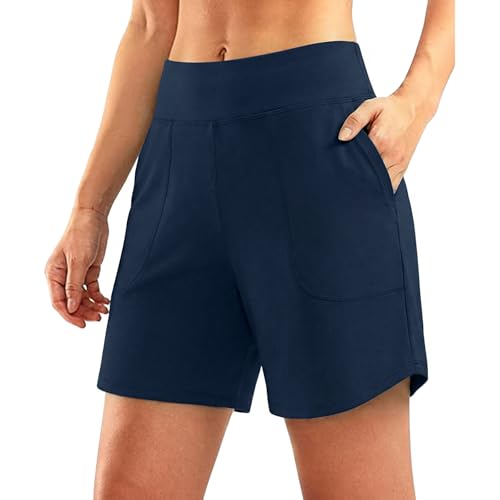 Image of Demegimi Women's High Waisted Sports Shorts with Pockets Tummy Control Yoga Shorts Athletic Running Workout Gym Shorts Casual Summer Lounge Bottoms Navy Blue
