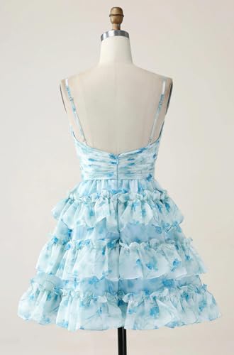 A-Line Spaghetti Straps Tiered Blue Floral Mini Dress Homecoming Dress2