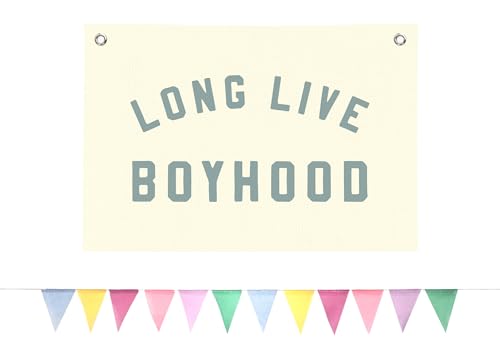BOQTMK Long Live Boyhood Banner – Beige Linen Wall Hanging Banner 30x20 Inches+Colorful Triangle Flag 4m 12Pcs Linen Decor Set, Boys Room & Nursery, Playroom Wall Art, Baby & Toddler Room Decor