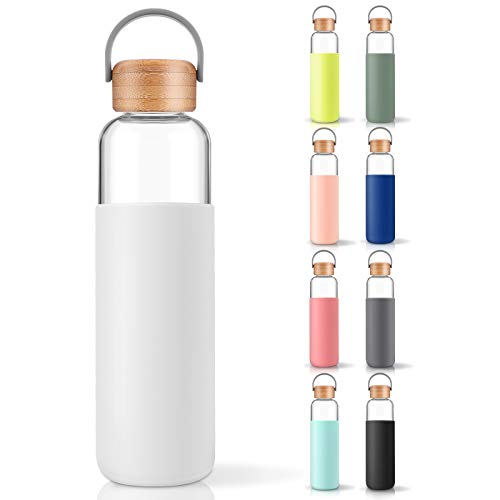veegoal Trinkflasche Glas Borosilikatglas Wasserflasche mit Silikon Schutzhülle und Bambus-Schraubdeckel - 600 ml BPA- und Bleifrei, Spülmaschinenfest, Wiederverwendbar glasflasche