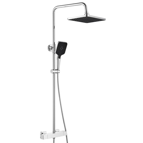 Auralum Columna Ducha Termostática,Duchas de baño con Grifo Ducha,Cabezal de Ducha Lluvia (30×19CM),Alcachofa de Ducha con 3 Modo y Barra de Ducha Altura Regulable,Cromado
