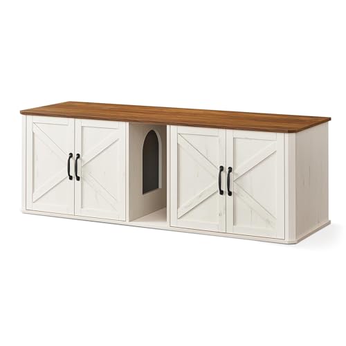 Feandrea Double Cat Litter Box Enclosure, Modern Litter Box Furniture Hidden for 2 Cats, Front Entry, Cat House, Side End Table, TV Stand, 59 x 19 x 1