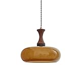 [Matériau et taille] : luminaire d'îlot en bois nordique avec abat-jour en verre à dôme jaune. Longueur : 28 cm (M), 32 cm (L) ; Largeur : 28 cm (M), 32 cm (L) ; Hauteur : 24 cm (M), 33 cm (L) ; Longueur du fil de suspension réglable : 180 cm.