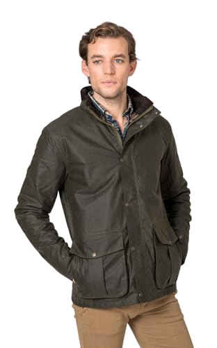 British Cotton Chaqueta Encerada Acolchada, Algodón Impermeable, Cuello Micropana, Forro Tartán, Verde Oscuro (FR/ES, Letras, L, Regular, Regular)