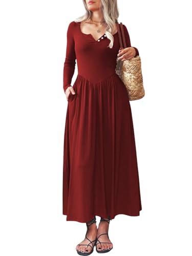 Image of Mieazom Long Sleeves Maxi Dress for Women A Line 2025 V Neck Casual Button Boho Tshirt Long Dress with Pockets