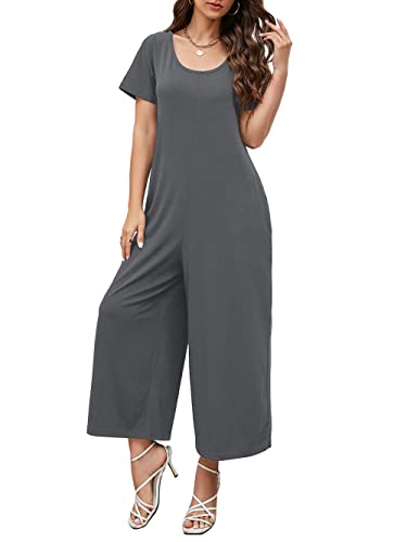Qnasey Women's Summer Loose Crewneck Short Sleeve Jumpsuits Casual Long Leg Pant Romper With Pockets X-Large Gray #TOP1