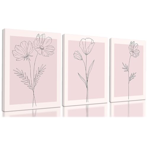 Pink Flowers Wall Art Set of 3, Light Pink Wall Decor, Botanical Line Room Decor, Blush Pink Floral Canvas Prints, Minimalist Poster Pink Aesthetic for Girls' Room Bedroom Living room 12x16 In Framed