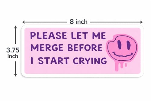 Image of WSQ Funny inchPlease Let Me Merge Before I Start Crying inch Bumper Sticker - 8 inch Waterproof Pink Vinyl Car Decal - Cute Sarcastic Driving Sticker for Women, Teens, New Drivers