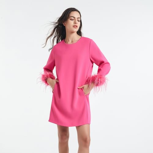 Image of D-Sun Women Feather Dress 3 /4 Feather Sleeves Mini Dress | Round Neck,Elegant Party Dress, Wedding Guest Cocktail Dresses with Pocket