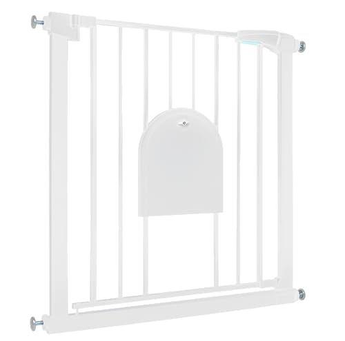 Aufun Treppenschutzgitter Türschutzgitter Kinder ohne Bohren, für 75-85 cm breit, Türgitter mit Druckbefestigung, selbstschließend, Metall Gitter, Hundesicherheitsgitter mit Katzenklappe (Weiß)