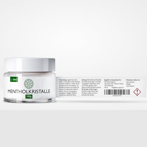 D&O Nature Products Mentholkristalle Sauna 100g, Saunakristalle aus 100% reiner Minze, Menthol Kristalle als Saunaaufguss in wiederverschließbarer Dose, Sauna Zubehör Geschenk