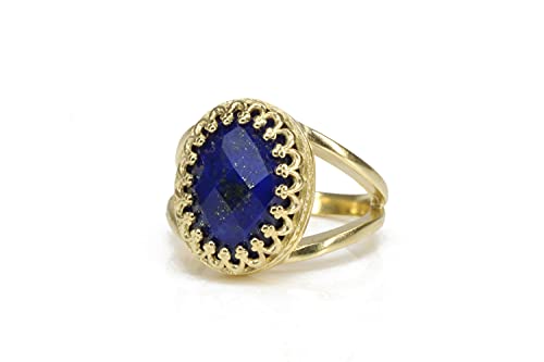 Bague ovale en lapis-lazuli et double anneau or 14k, le cadeau artisanal idéal