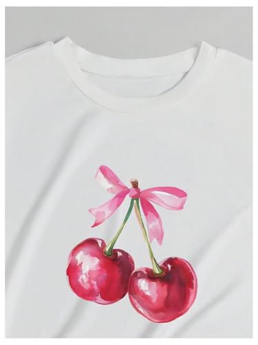 Women's Graphic Cherry Bow Tees Casual Letter Print Round Neck T Shirt Summer Short Sleeve Trendy Tops4