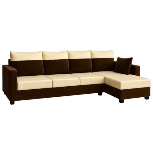 Image of FURNY Arissa 6 Seater Fabric RHS L Shape Sofa Set (Cream-Dark Brown) Premium Velvet Finish | Durable Comfort | Ideal for Living Room