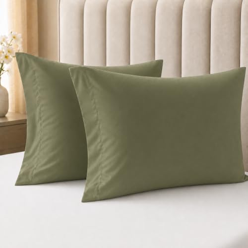 Image of LINENWALAS 100% Cotton 400 TC King Large-Size Pillow Cover | Long Staple Imported Egyptian Cotton | Cloud-Soft, Breathable & Skin-Safe | Oeko-TEX Certified Bedding (20x36 inch, Set of 2, Moss Green)