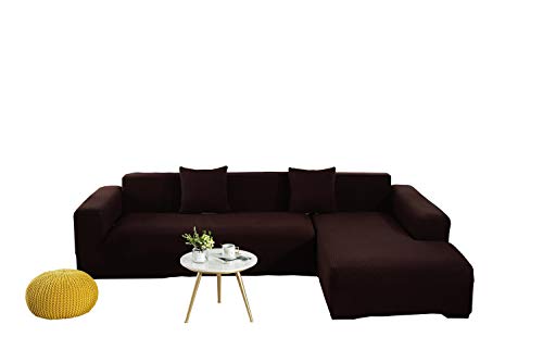 Funda para Chaise Longue, Funda de Sofá Elástica Combinada Rinconera en L, Antideslizante, Antiincrustante,2 Piezas, 3-Asientos + 3-Asientos, con 2 Fundas de Cojín, Marron Oscuro