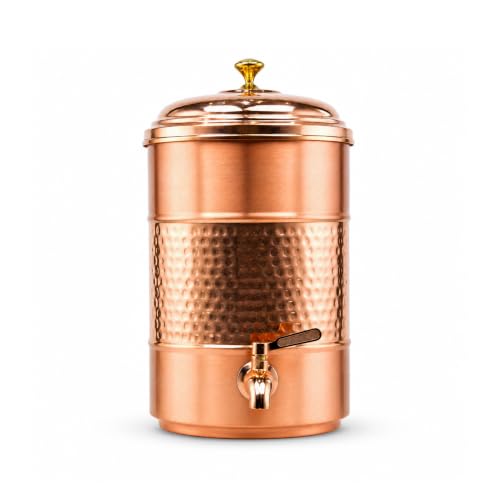 Image of Artarium Pure Copper Water Dispenser 7 Litre with Tap, Handcrafted Semi-Hammered Copper Water Storage Container with Lid, Ayurvedic Water Dispenser for Home, Kitchen, Office & Dining