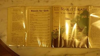 Scarlet Sheath, a Mystery in Green, brown & White Dustjacket of Large house Picket Fence in Village, A group of young people living in Nottingham