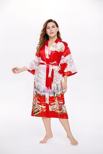 Image of PRODESIGN Kimono Robe for Women - Long Satin Sleepwear Silky Kimono Cover-Up Nightgown Japanese Bathrobe Loungewear Blouse
