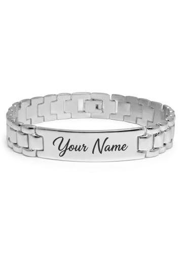 Image of Personalized Name Engraved Bracelet for Men & Women | Stainless Steel Chain Link Bracelet | Custom Name & Inspirational Text | Durable & Adjustable