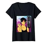 donna vaporwave aesthetic sad anime boy pathetic emo goth kanji maglietta con collo a v