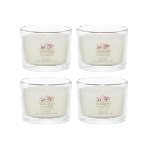 Image of Yankee Candle Mini Jar Scented Candles, Small Single Wick Candle for Home Fragrance, Long Lasting Burn, Sakura Blossom Festival (Pack of 4)