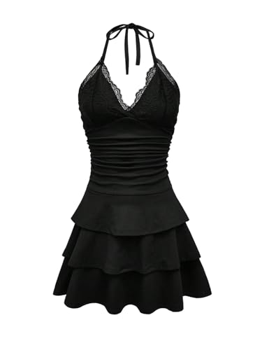 SweatyRocks Neckholder Kleid Damen Sommer Trägerkleid Partykleid Sommerkleid Mit Spitze Minikleid Mit Rüschen Kleid A Linie Kurz Elegant...