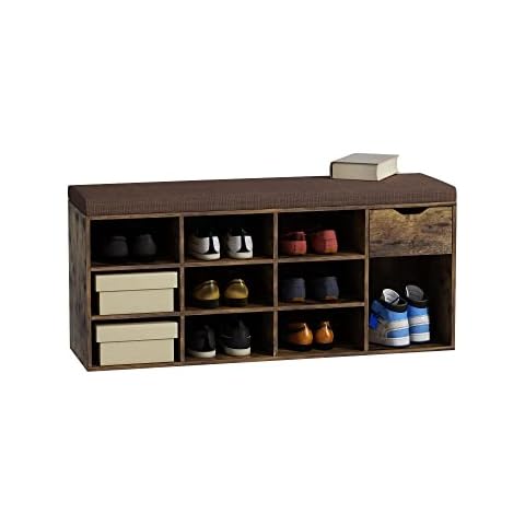 HOME BI Entryway Bench, Shoe Storage Benches with Cushion and Drawer, 10-Cube Shoe Cabinet, Room Seating, Shoe Organizer Bench for Living Room, Bedroom (Rustic Brown) Cover