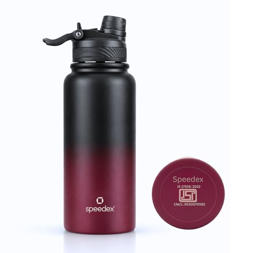 Image of Speedex Vacuum Insulated Stainless Steel Water Bottle 1 Litre (1000ml / 1L / 1 Ltr) with 2-in-1 Lid (Straw & Spout), Hot & Cold Leakproof Thermosteel Travel Flask for Office, Gym & School (Black-Wine)