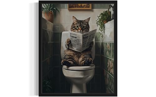 Image of Cat on Toilet Black Framed Wall Art Print Poster, Dog Bathroom Humor Decor Posters Prints for Restroom Home Picture Painting Artwork Gallery 7 (Cat 1, 20 inchL x 16 inchW, Black Frame)