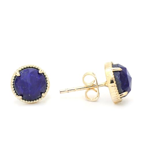 Image of Gempires Round Rose Cut Gemstone Stud Earrings for Women | Gold Plated Hypoallergenic Non Tarnish Crystal Studs | Lightweight Minimal Everyday Earrings for Formal Events (Lapis Lazuli)