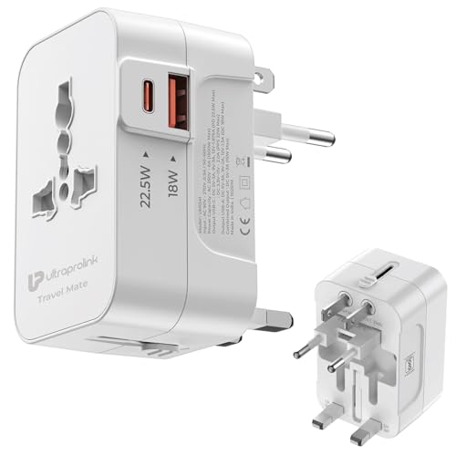 Image of UltraProlink International All in One Universal Travel Adapter|20W Charger|USB-A + Type C Port|PD3.0 Support|1500W|for Mobile,Tablets,Cameras|UM1341|Travel Mate|White