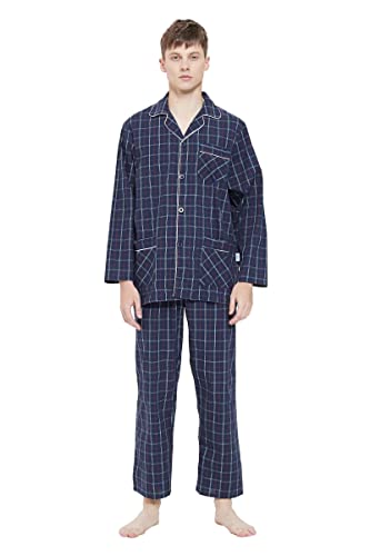 GLOBAL Pigiama Uomo Abbottonata 100% Cotone Lungo Set Pigiami Bottoni Classici Due Pezzi Lingerie Maniche Lunghe Pantaloni Coulisse Pigiami da Notte Traspirante da Uomo Pjs Set S-XXL