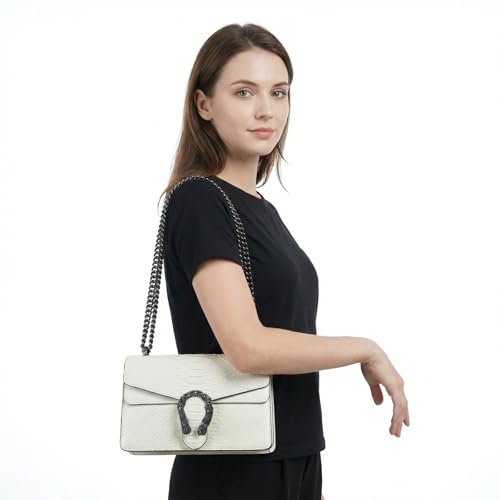 Image of Crossbody Shoulder Square Purse For Women - Fashion Embossed Snake-Print Leather Handbag Metal Chain satchel Tote Bag