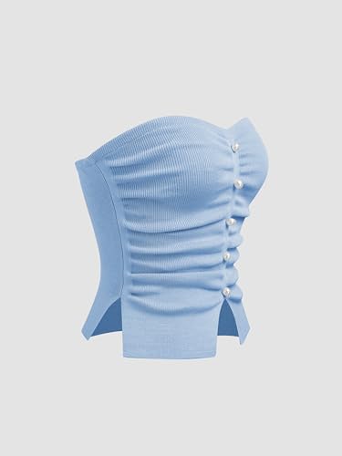 Image of CIDER Faux Pearl Tube Tops for Women Split Hem Knit Crop Y2K Going Out Tops | Cute Ruched Tops, Spring Summer Outfits, Vacation, Concert
