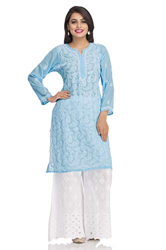 Image of Ada Lucknow Chikankari Hand Embroidered Faux Georgette Kurta Kurti Tunic Dress for Women A95504