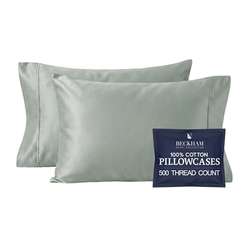 Image of Beckham Hotel Collection Pillowcases Queen Size Set of 2, Cool Touch Cotton Sateen Fabric, 500TC, Silky Smooth & Soft, Open End, Aqua Gray