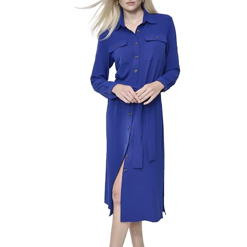DKNY Vestido midi feminino de manga comprida com gola e gravata, Ultramarino, 42