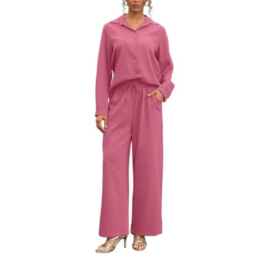 kaimimei Women's Linen 2 Piece Outfits Loungewear Set Button Down Shirt Wide Leg Pants with Pockets Comfortable Casual Peach