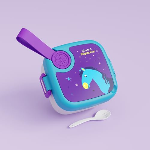 MEDALLIX Stainless Steel Lunch Box with Spoon, Leak-Proof Kids Tiffin Box, Durable Eco-Friendly School Lunch Container for Boys & Girls | LUNCHMATE Mini But Mighty Cool (500 ML - Purple & Blue)