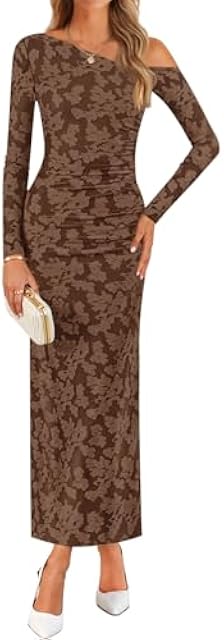 ZESICA Women's Spring Floral Off Shoulder Bodycon Maxi Dresses 2026 Long Sleeve Ruched Elegant Cocktail Party Dress