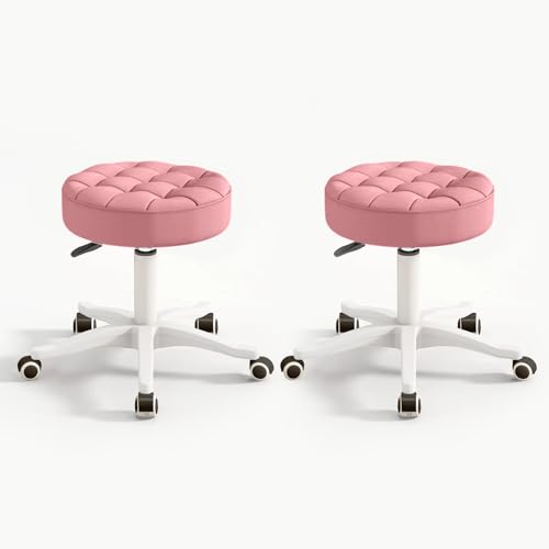 Image of Small Chair Round Rolling Stool with Wheels PU Leather Height Adjustable Swivel Drafting Work SPA Salon Stools Home Office Chair,2 Pack