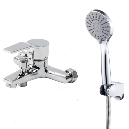 Ruiqas Bathroom Sink Taps with Shower Head and 1.5M Hose,Wall Mounted G3/4 Chrome Finished Exposed Bathtub Faucet Tub Filler Shower System for Bath Tap with 3 Mode