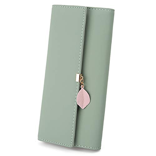 Cartera de Mujer - UTO Monedero Largo Adorno Hoja Colgante Cartera Minimalista con Bolsillo de Cremallera para Monedas Verde Claro