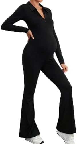 Maternity Jumpsuit Long Sleeve for Women Flare Legging Romper Zip Up Overalls Lapel Down Pregnancy Shapewear