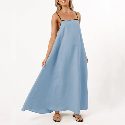 Image of Senllen Women's Linen Dress Summer Loose Flowy Sundress Contrast Spaghetti Strap Sleeveless Backless Beach Maxi Long Dresses