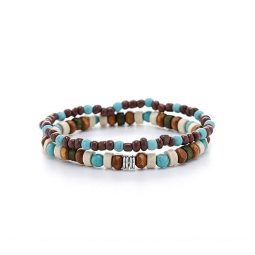 Boho Turquoise Bracelet Wooden Beaded Bracelets Stretch Wrap Bracelet Jewelry for Women and Men 2Pcs