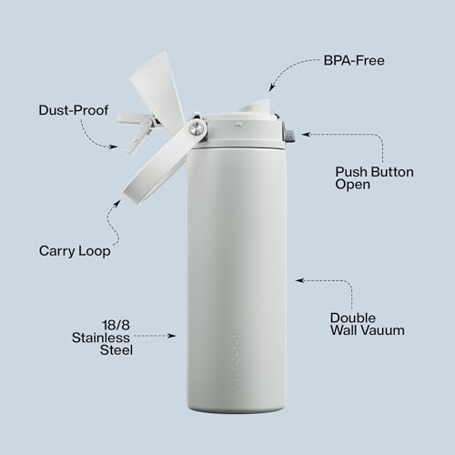 Image of Insulated Water Bottle with Straw - Encool Stainless Steel Water Bottle with Push Button Lid, Leak-Proof & BPA-Free, Keeps Cold for 24 Hours for Sports, Travel, Gym (24 oz, Silver Grey)