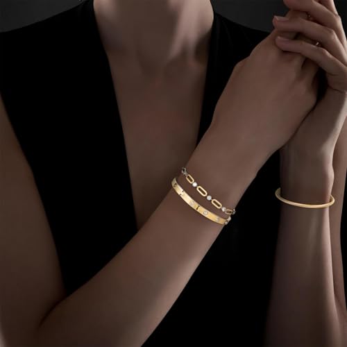 18K Gold Plated Bangle Bracelets for Women, Stackable Love Bangle Bracelet Set, Stainless Steel Non Tarnish Bracelet Set, Adjustable Bracelets Jewelry Christmas Valentine Birthday Gifts, Gold3