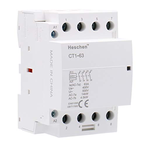 Heschen Contactor de CA del hogar, CT1-63, 4 polos cuatro normalmente abiertos, AC 220V/230V Voltaje de la bobina, 35 mm Montaje en riel DIN Cover